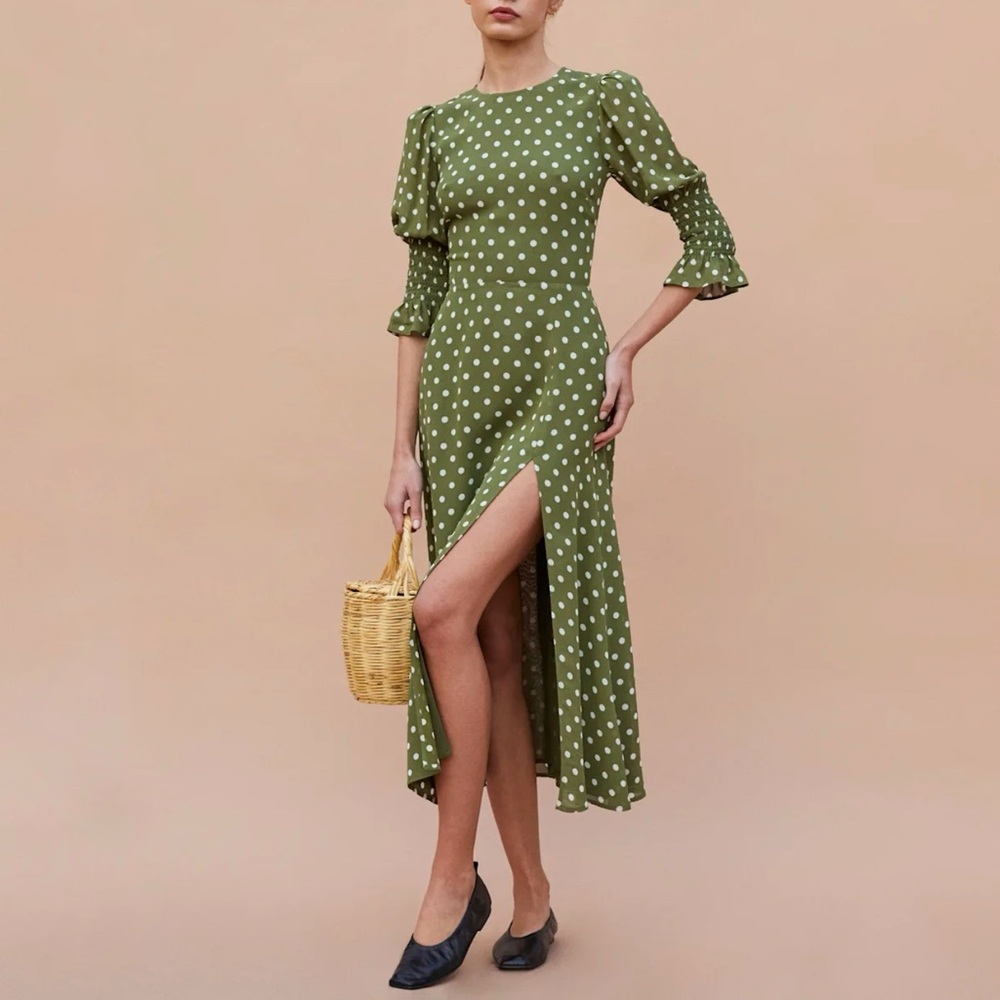 Reformation Carolena Polka Dot Midi Dress in Edamame Green - Picture 12 of 12